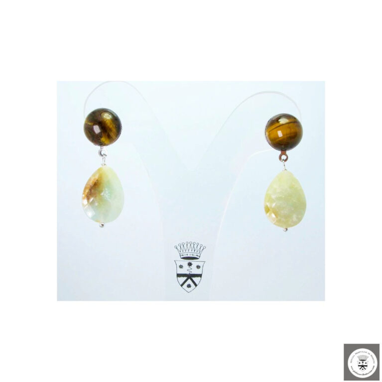 Orecchini con occhio di tigre cabochon e amazzonite a goccia sfaccettato