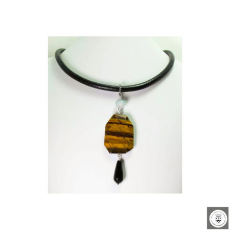 Collana in pelle nera con occhio di tigre, acquamarina e onice a goccia