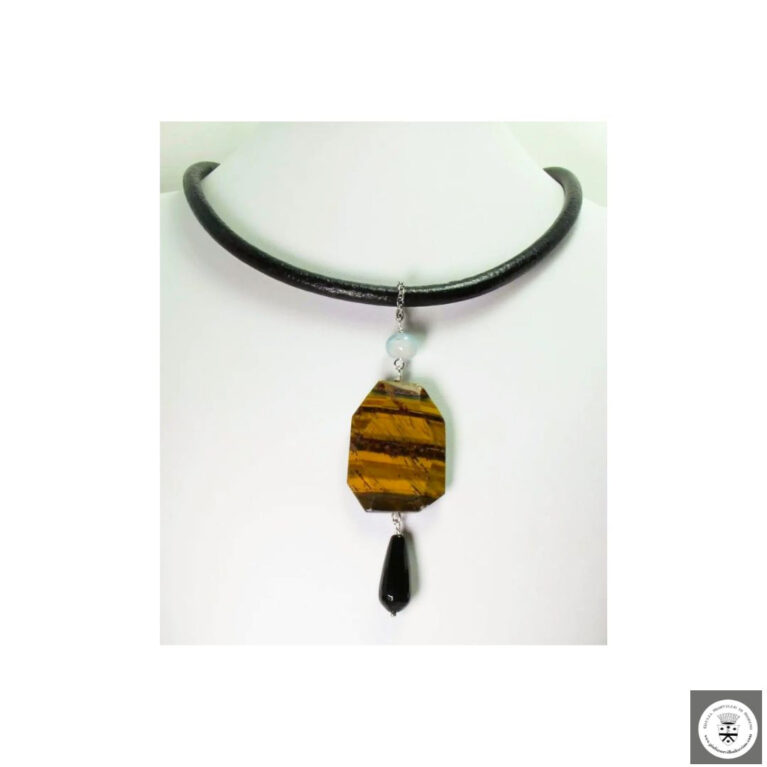 Collana in pelle nera con occhio di tigre, acquamarina e onice a goccia