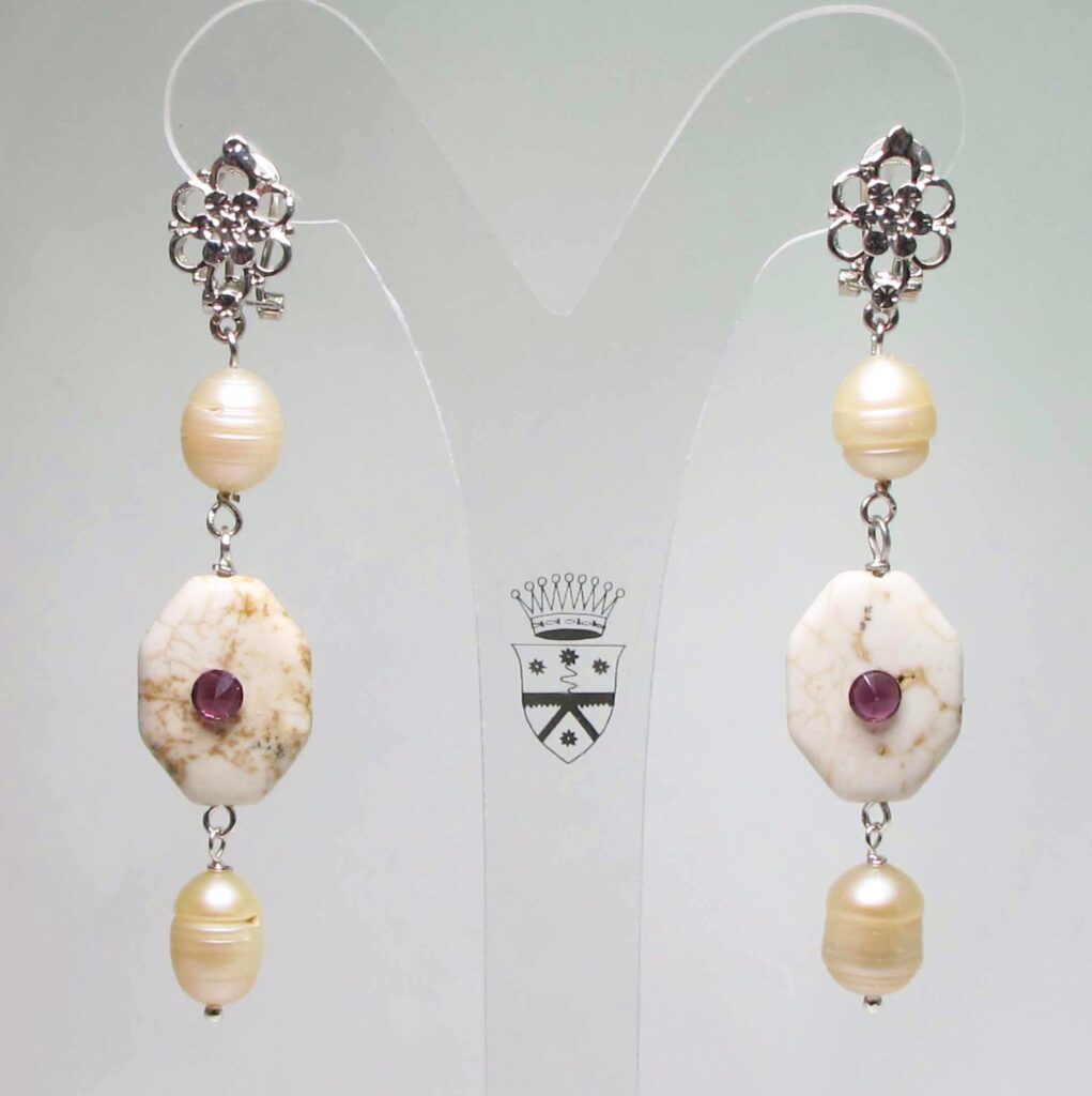 Rhodium plated brass earrings with jasper, pearls and swarovski crystal