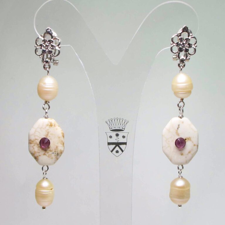 Rhodium plated brass earrings with jasper, pearls and swarovski crystal