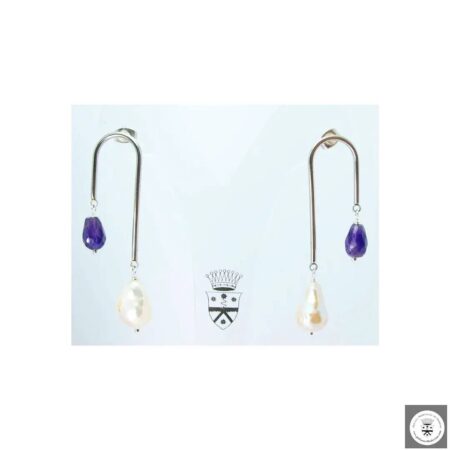 Orecchini up & down con perle di fiume e gocce di ametista