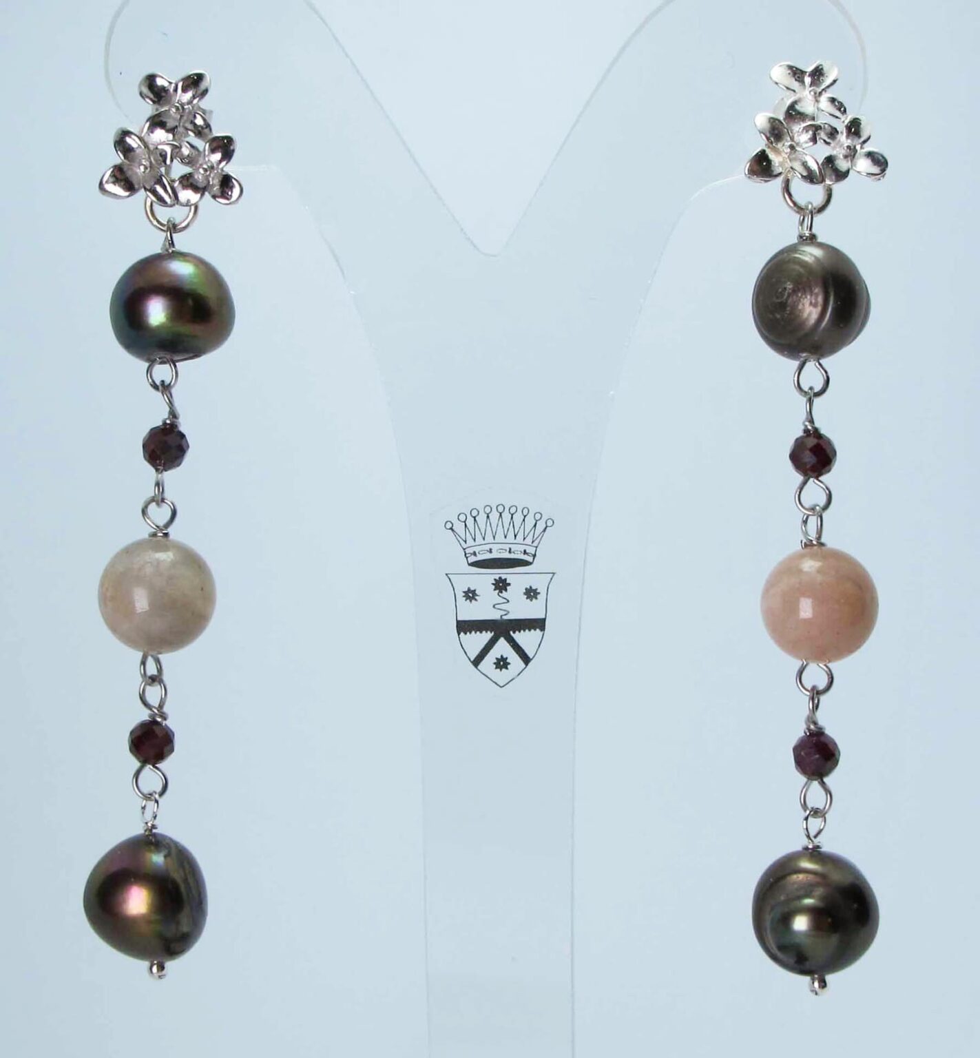 Silver earrings with brown pearls, rhodolite garnet and moonstone