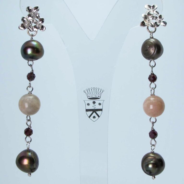 Silver earrings with brown pearls, rhodolite garnet and moonstone