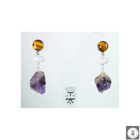 Orecchini con occhio di tigre cabochon, acquamarina e ametista grezza