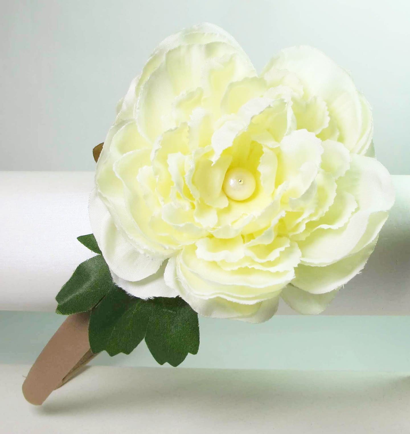 Tan silk headband with silk ivory and baroque freshwater pearl