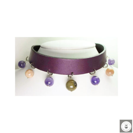 Girocollo in pelle double-face (viola e marrone scuro) con labradorite, pietra di luna rosa e ametista