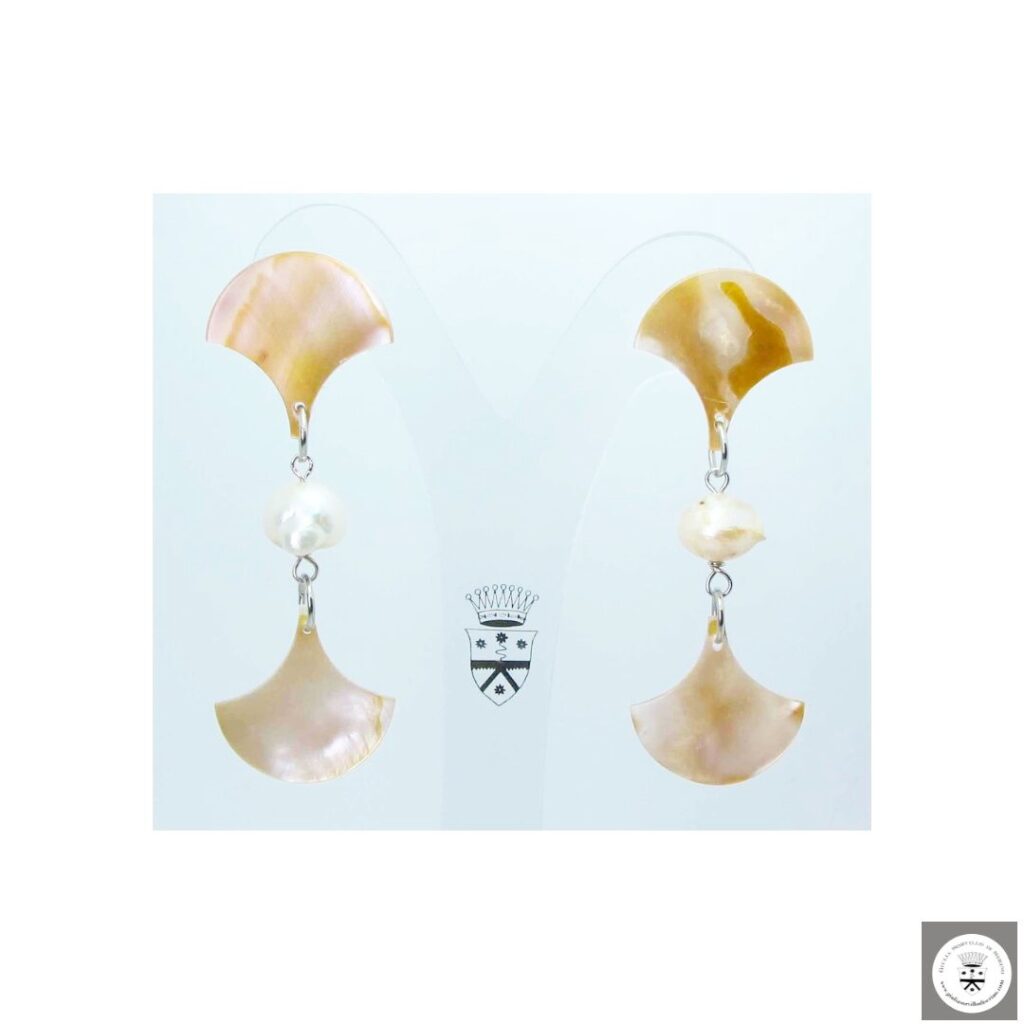 Mother of pearl fan earrings with and baroque pearls