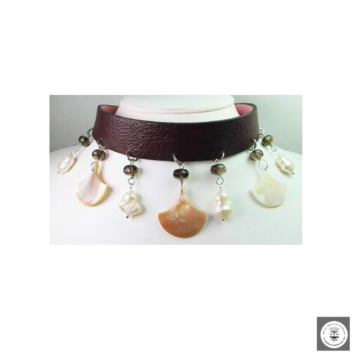Double face genuine leather choker and bracelet with with mother of pearl, baroque pearls and smoky quartz