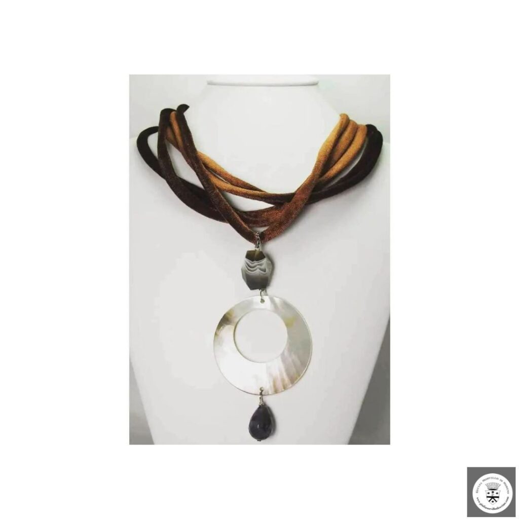 Multistrand brown velvet necklace with mother of pearl, amethyst and Botswana agate