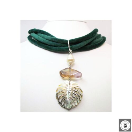 Multistrand green velvet necklace with pearl, Bolivian ametrine, and Tahiti mother of pearl leaf