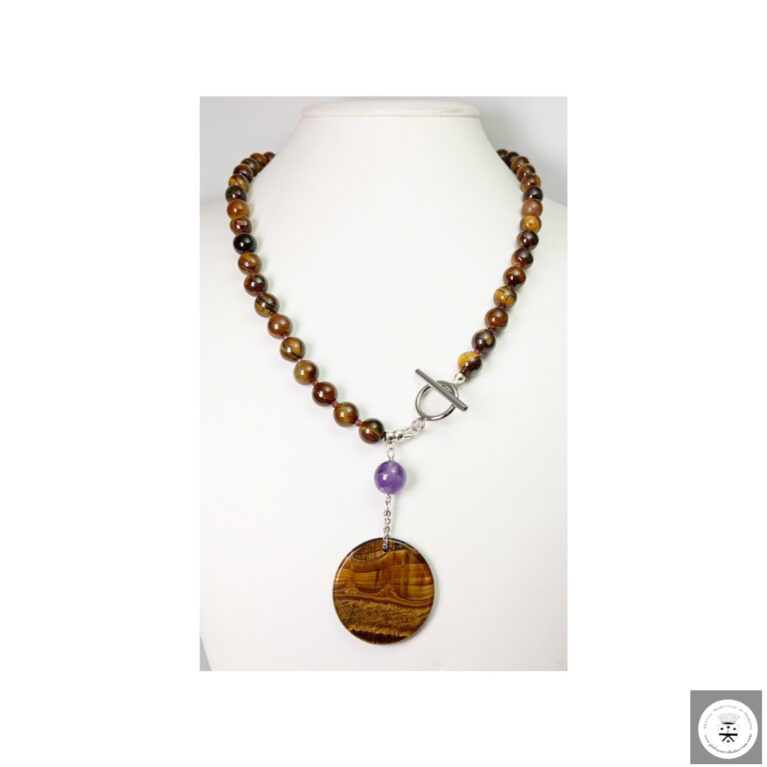 Collana con occhio di tigre, rhodolite granato e ametista