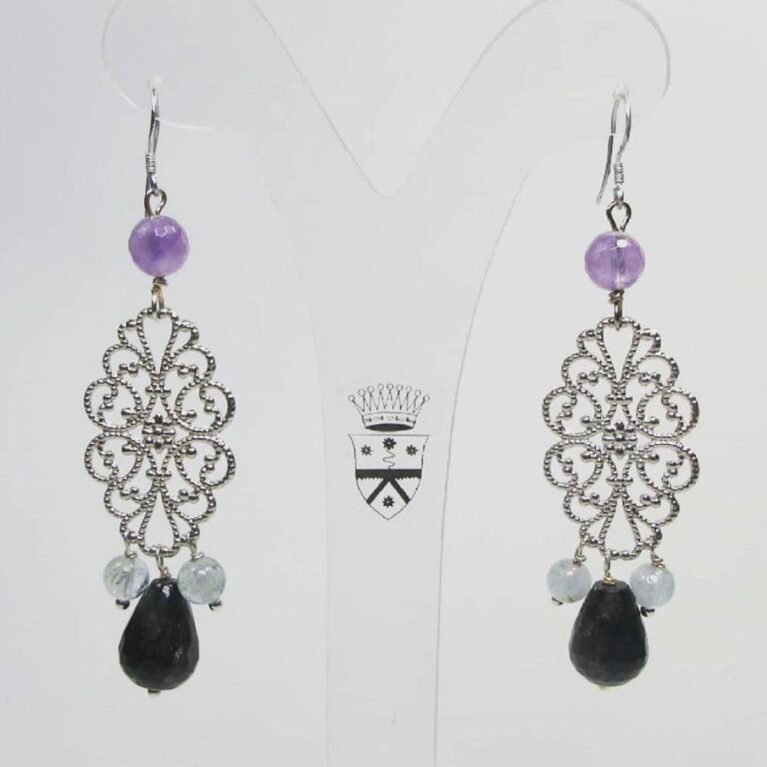 Silver earrings with prehnite, amethyst and astrophyllite