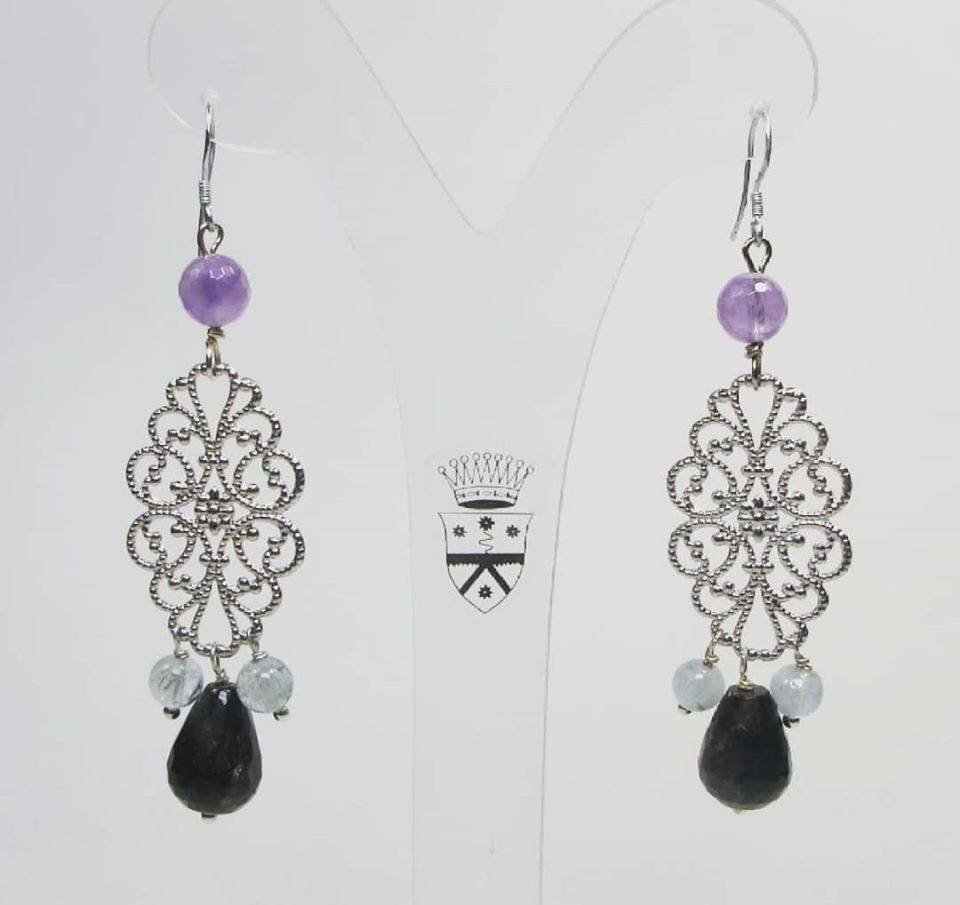 Silver earrings with prehnite, amethyst and astrophyllite