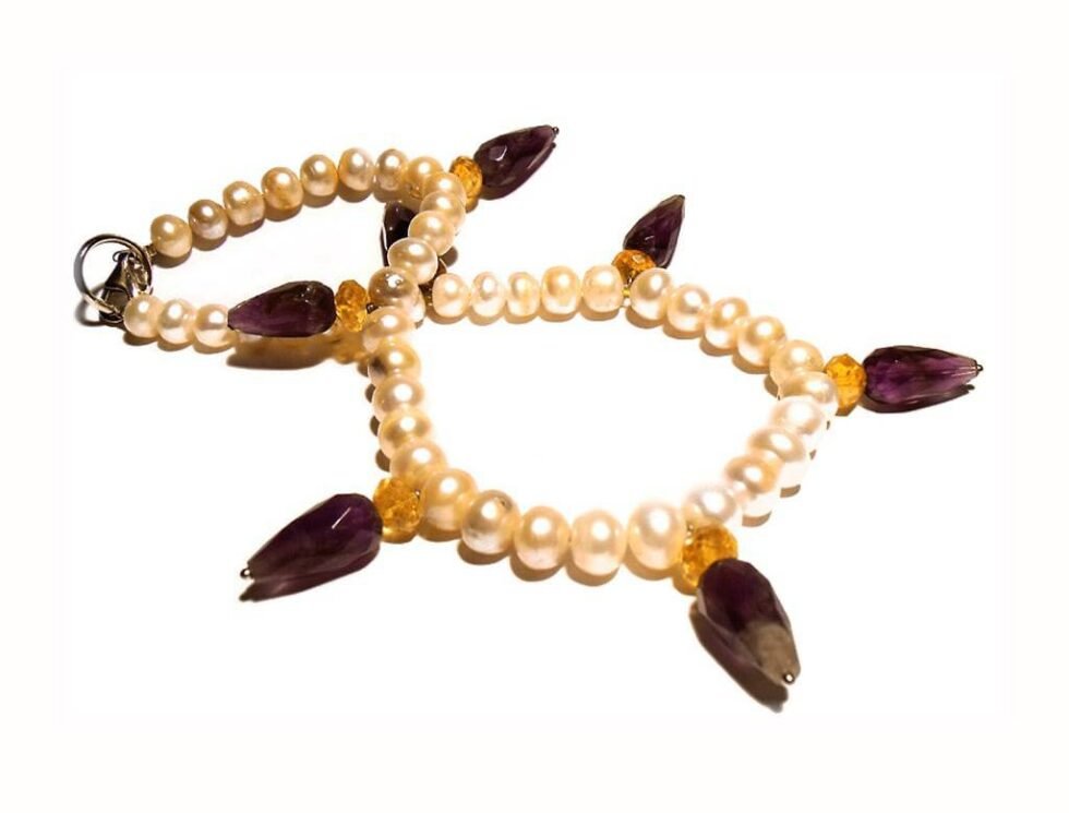 Necklace with pearls, amethyst and citrine quartz
