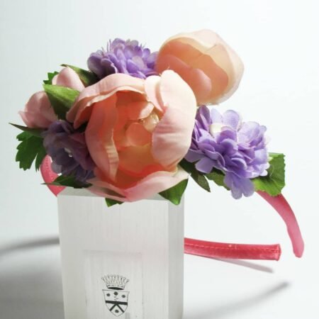 Alice band in pink satin with flower and pearls