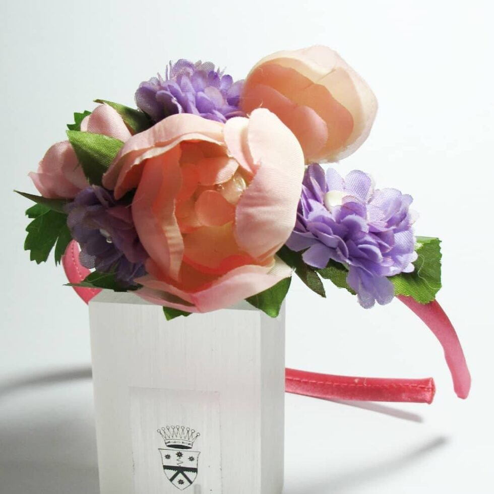 Alice band in pink satin with flower and pearls