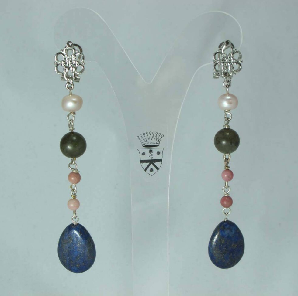 Earrings with freshwater pearls, lapis lazuli, rhodonite and labradorite