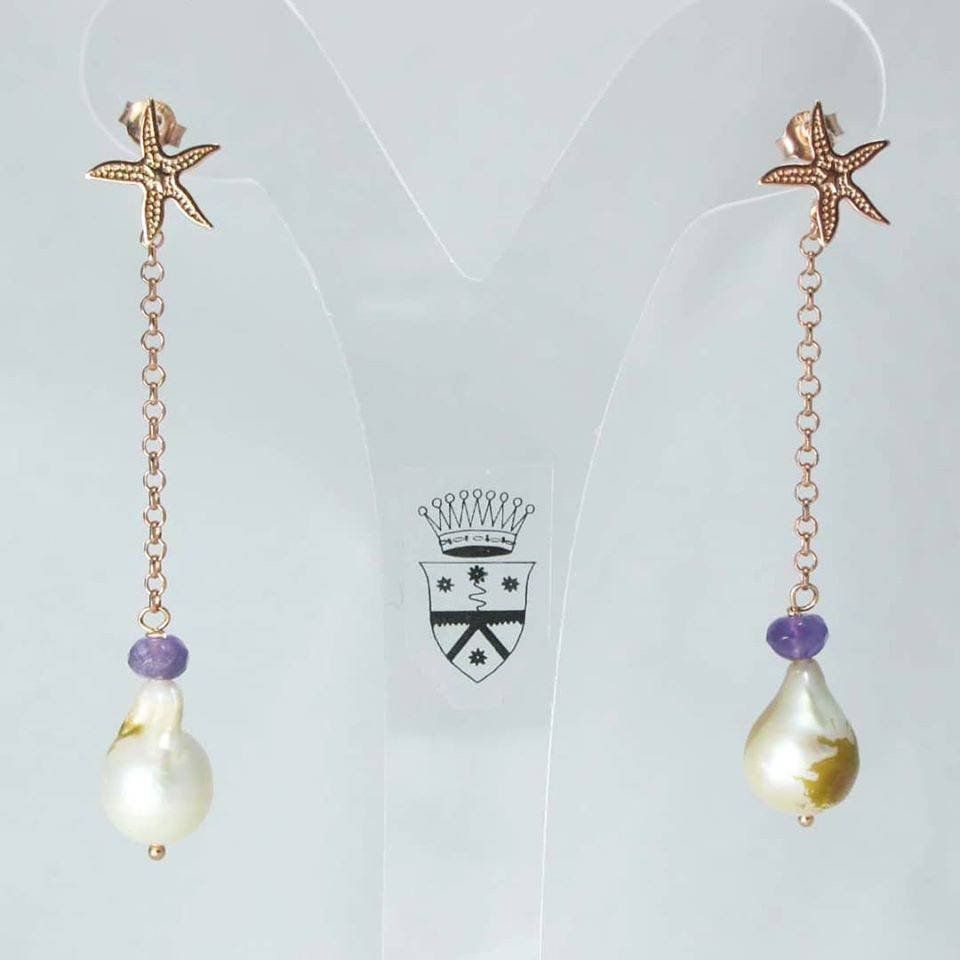 Pink silver sea star earrings with pearls and amethyst