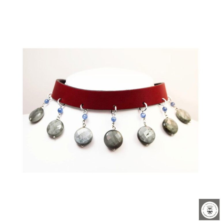 Girocollo e bracciale in pelle con occhio di falco e kyanite