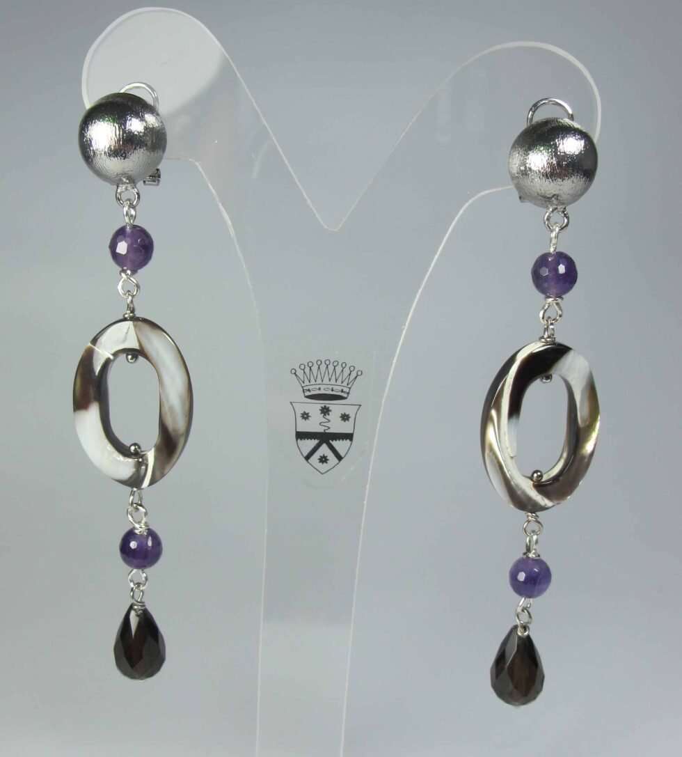 Earrings with mother of pearl, amethyst and smoky quartz