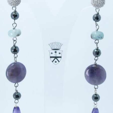 Silver earrings with amethyst, aquamarine and hematite