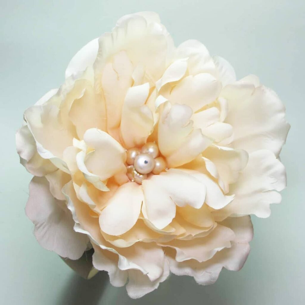 Tan silk headband with silk peony and baroque freshwater pearls