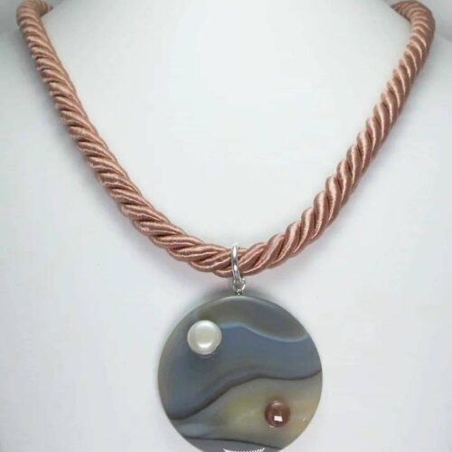Pink silk necklace with grey agate, pink tourmaline and baroque freshwater pearl