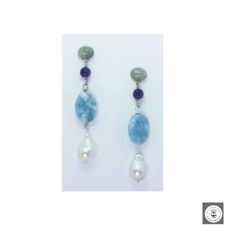 Orecchini con labradorite cabochon ovale, ametista, acquamarina e perle