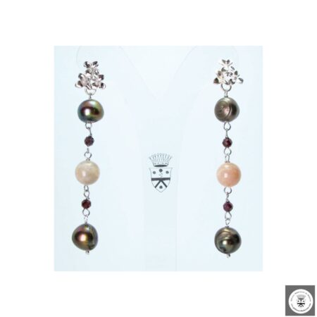 Orecchini in argento con perle marroni, granato rhodolite e pietra di luna