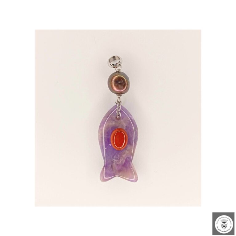 Ciondolo con pesciolino in ametista, diaspro rosso e perla peacock