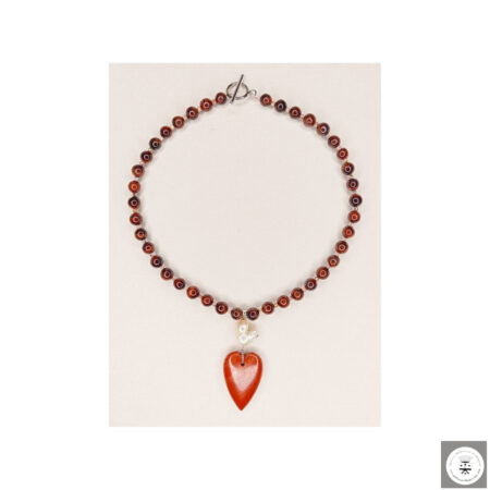 Collana con occhio di bufalo, rhodocrosite, diaspro rosso e perla barocca